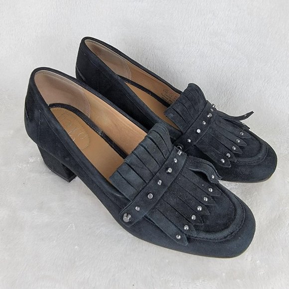 Franco Sarto Black Suede Tassels Studs Block Mid Heel Slip-On Pump Shoes 6.5M - Picture 1 of 8